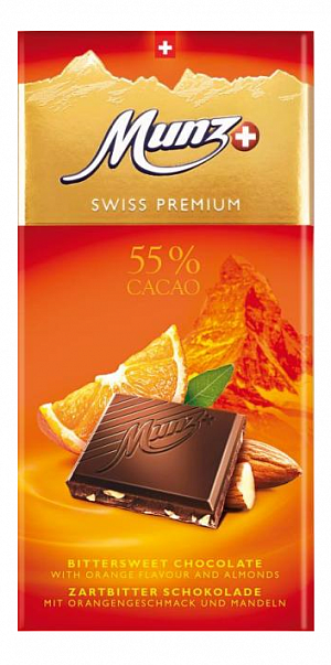 Dark Chocolate With Orange Flavour And Almonds Munz 100G.