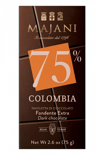 Fondente Dark Chocolate Colombia  75% Cacao Majani 75G.